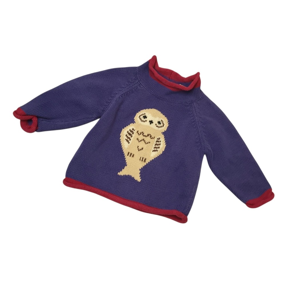 Vintage L.L. Bean Baby Owl Rollneck Sweater 6-12 Months Blue Red Knit Pullover